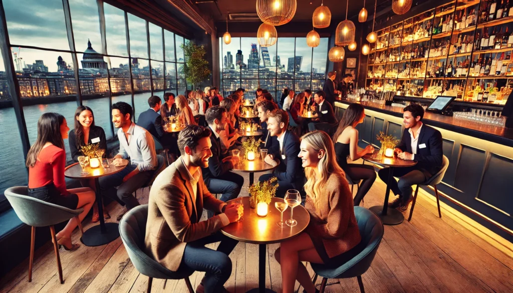 DALL·E 2025 01 28 22.33.35 A lively and stylish London speed dating event taking place in a trendy bar. The setting includes a mix of young and mid aged professionals seated at